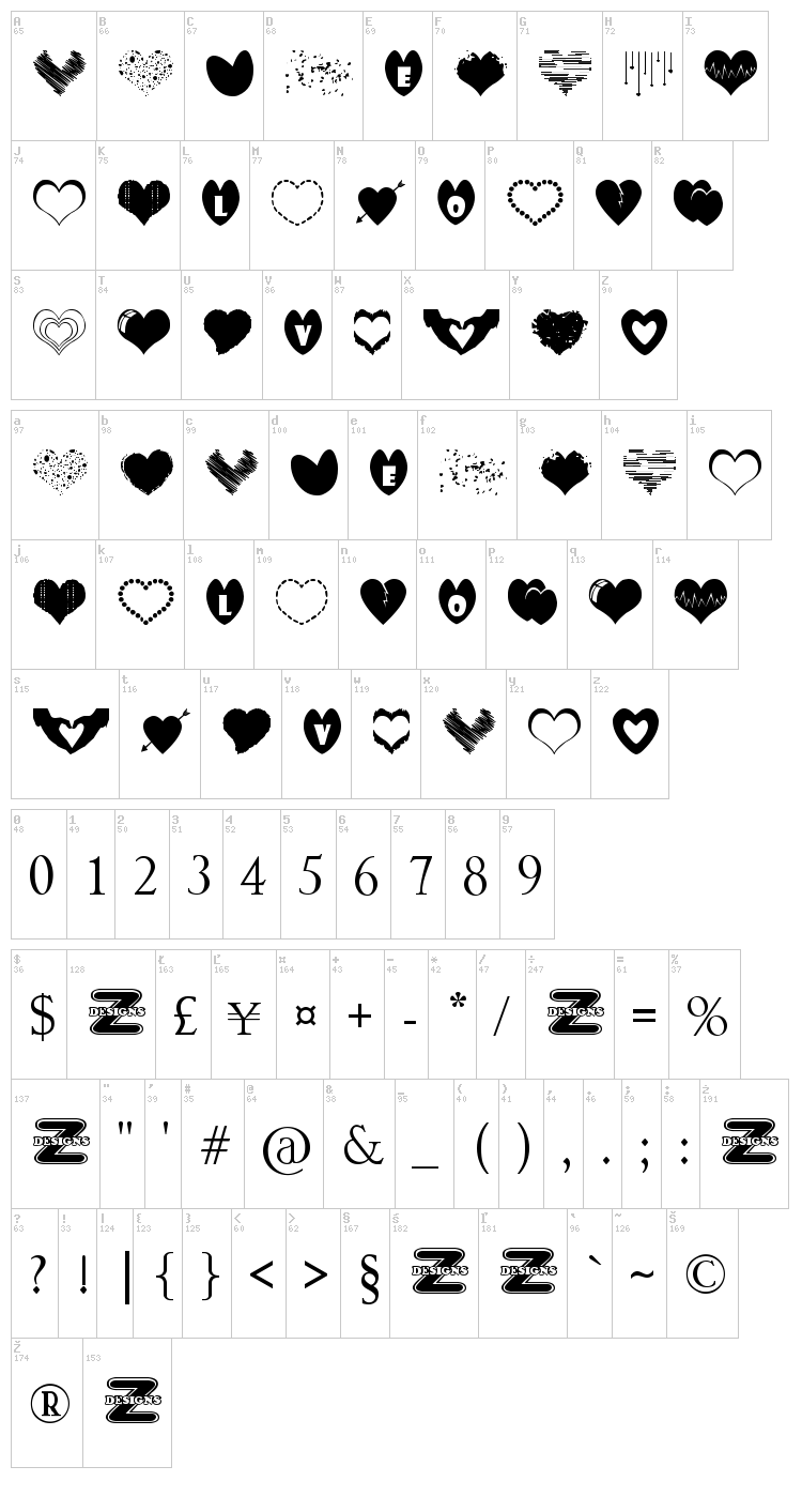 Sexy Love Hearts font map